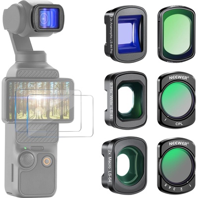 NEEWER Variable ND2-32, CPL, 1/4 Black Diffusion Filter for a cinematic fog effect, 0.75x wide angle, 2X macro, 1.2X blue anamorphic lens for Osmo Pocket 4/3 / Xtra Muse, FL-B28