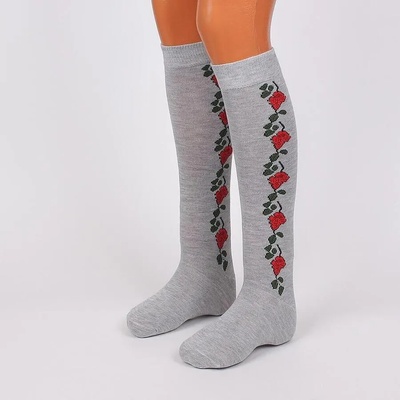 Дамски 3/4 чорапи в сиво с червени розички