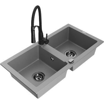 Mexen Mario кухненска мивка от гранит с 2 отделения и кухненски смесител Aster, сив - 6504-71-73450-70-B (6504-71-73450-70-B)