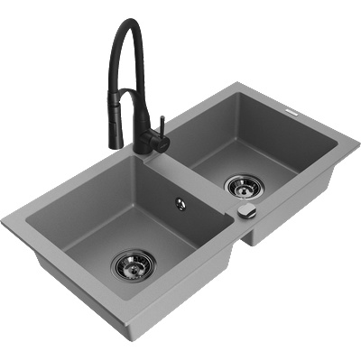 Mexen Mario кухненска мивка от гранит с 2 отделения и кухненски смесител Aster, сив - 6504-71-73450-70-B (6504-71-73450-70-B)