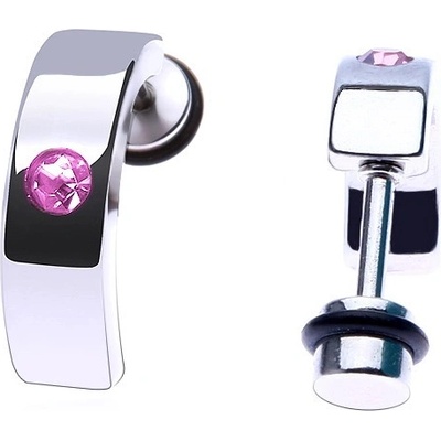 Šperky eshop ocelový fake piercing do ucha lesklý pás s růžovým kamínkem PC28.18