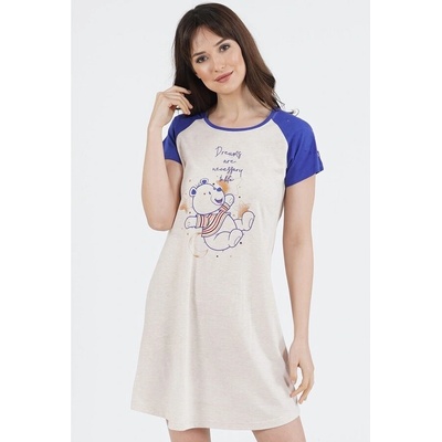 Бежова нощница със сини ръкави и апликация