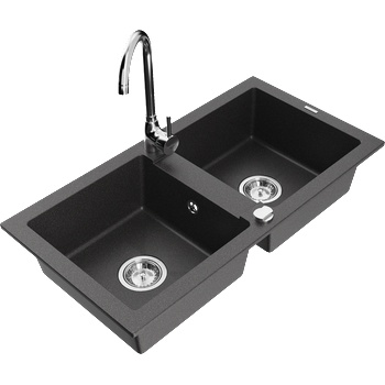 Mexen Mario мивка от гранит с 2 камери и кухненски смесител Telma, черен с шарки - 6504-76-670200-00 (6504-76-670200-00)