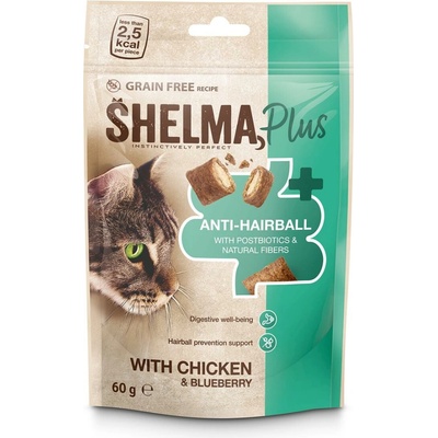Shelma Cat Snack Anti-hairball polštářky kuřecí borůvky 60 g