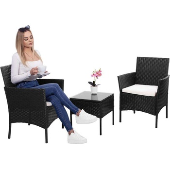 SPRINGOS Комплект мебели за тераса от техноратан, маса с плот от закалено стъкло, 2 фотьойла с възглавници, черни (r) (gf0061)