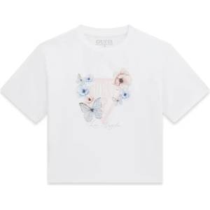 GUESS Бяла тениска за момиче с розово лого и цветя Guess