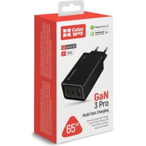 ColorWay USB зарядно устройство, GaN3 Pro Power Delivery (USB-A + 2 USB TYPE-C) (65W) черно (CW-CHS039PD-BK) (CW-CHS039PD-BK)