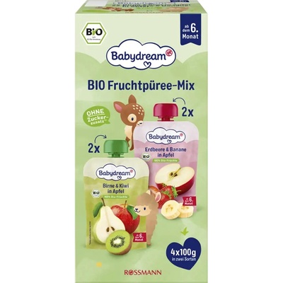 Babydream BIO Ovocné příkrmy Mix Hruška, kiwi, jablko + jahoda, banán, jablko 360 g