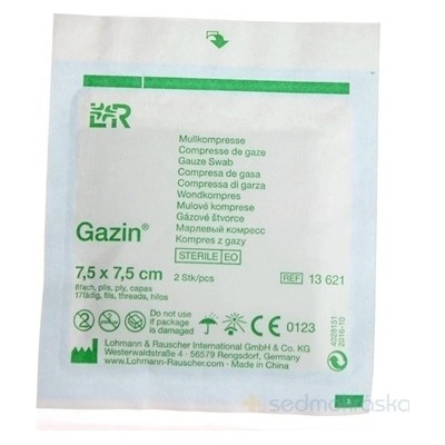 Gazin KOMPRESY GÁZOVÉ STERILNÉ 7,5 x 7,5 cm 8-vrstvové 17 vláknové so založenými okrajmi 2 ks