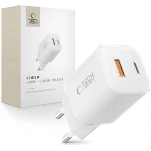 Tech-Protect Мрежово зарядно устройство с 2 порта от Tech-Protect NC 33W Power Delivery и Quick Charge 3.0 - Бяло (5906302375752)