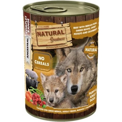 Natural Greatness Puppy beef with iberian pork - консерва за подрастващи кучета с телешко и свинско с бобчета, сладки картофи и боровинки - 400 гр, Испания - NGD40018
