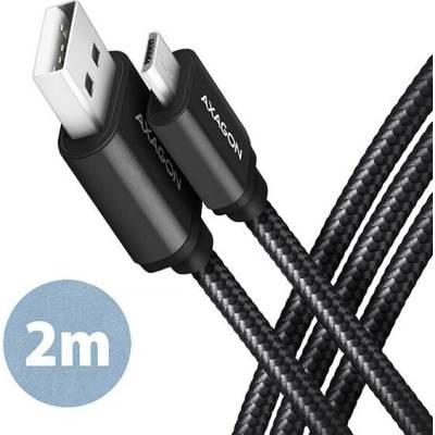 AXAGON BUMM-AM20AB, HQ kabel Micro USB USB-A, 2m, USB 2.0, 2.4A, ALU, oplet, černý