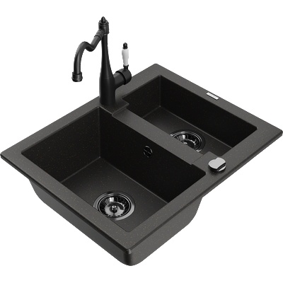 Mexen Carlos гранитна мивка с 1, 5 камери с кухненски смесител Carla, черен/златен металик - 6518-75-670700-70-B (6518-75-670700-70-B)