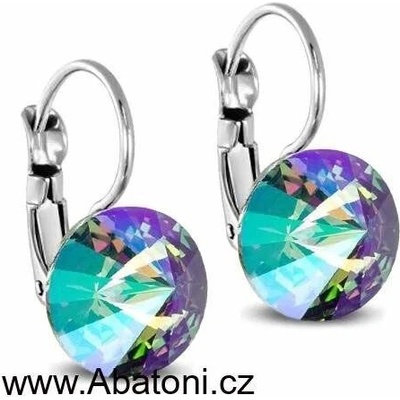 Swarovski Elements Rivoli vlepený krystal 12mm - Stříbrné náušnice visací zelené fialové kulaté 51002.5 Paradise Shine