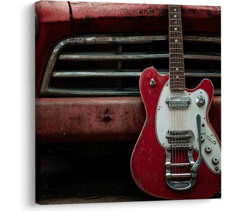 Obraz červená gitara pred autom