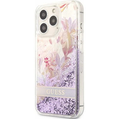 GUESS Liquid Glitter Flower Case - дизайнерски кейс с висока защита за iPhone 13 Pro (лилав)