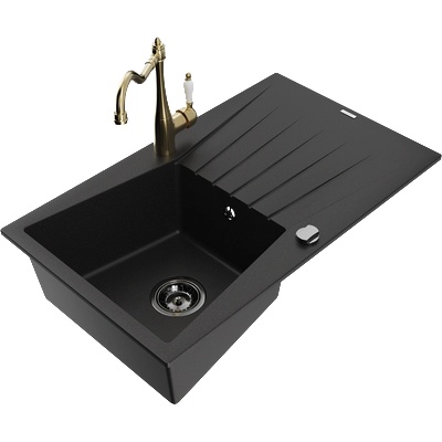 Mexen Cesar гранитна мивка с 1 корито и отцедник и кухненски смесител Carla, черен - 6514-77-670700-50-B (6514-77-670700-50-B)
