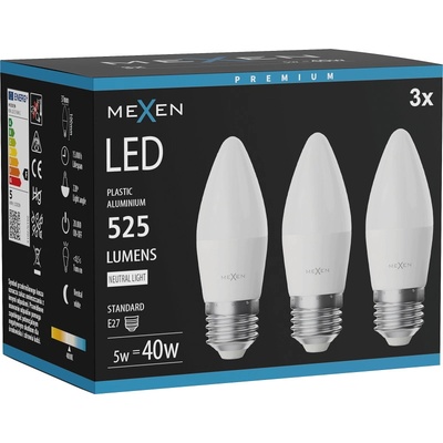 Mexen Nova 3x LED крушка E27, C37, 5W, неутрална - 4000K, 525 lm - L102-E27-0540-01x03 (L102-E27-0540-01x03)