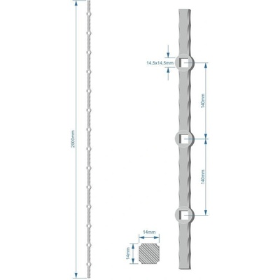 Probíjená tyč H 2000 mm opískovaná, zdobený profil 14x14 mm, rozteč děr 140 mm, na jedné tyči je 14x oko 14,5x14,5 mm