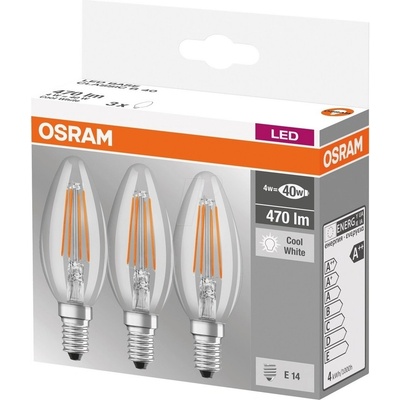 Osram sada 3x LED filamentová žárovka E14, Candle, 4W, 470lm, 4000K, neutrální bílá