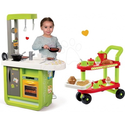 Smoby set tyrkysovo-zelená kuchyňka Cherry Kitchen a servírovací vozík se snídaní 100% Chef 310900-11