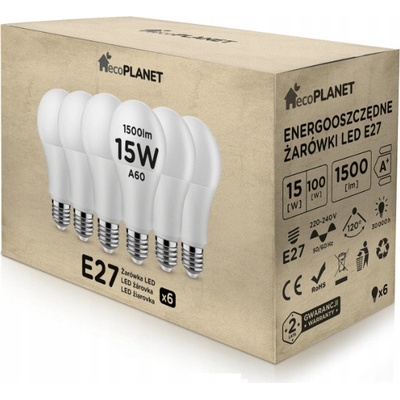ecoPLANET 6x LED žiarovka E27 A60 15W 1500Lm neutrálna biela