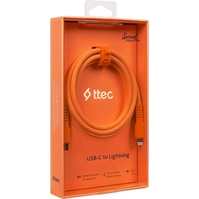 Кабел ttec - Data, USB-C/Lightning, 1.2 m, Neon Orange (8694470828022)