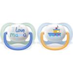 Philips Залъгалки Philips Avent - Ultra Air Happy, с декорация Надпис и лодка с кутия за стерилизиране, 0-6 m, 2 броя (00A.0518.001)