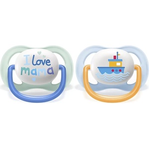 Philips Залъгалки Philips Avent - Ultra Air Happy, с декорация Надпис и лодка с кутия за стерилизиране, 0-6 m, 2 броя (00A.0518.001)