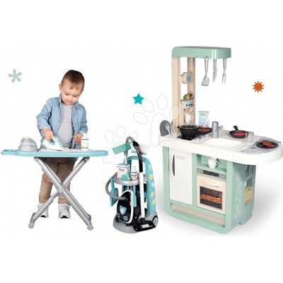 Smoby Cherry Kitchen Green set kuchynka so zvukmi a upratovací vozík s vysávačom a žehliacou doskou