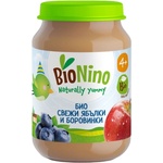 BioNino Био плодово пюре BioNino - Ябълки и боровинки, 4 м+, 190 g (BN2157) - baby