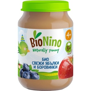 BioNino Био плодово пюре BioNino - Ябълки и боровинки, 4 м+, 190 g (BN2157) - baby