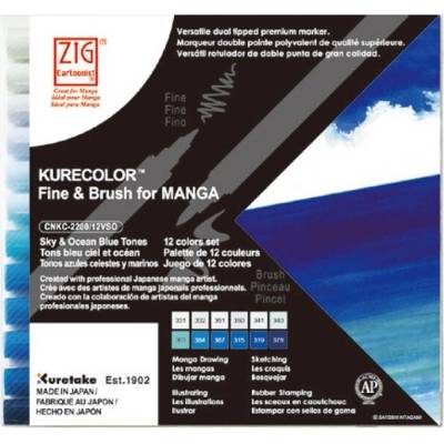 Lihové fixy KURETAKE ZIG Kurecolor Fine & Brush, 12 ks Sky & Ocean Blue