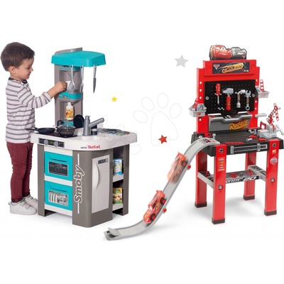 Smoby Set kuchyňka elektronická Tefal Studio 360° Bubble a pracovní dílna Auta 3 se skákající rampou