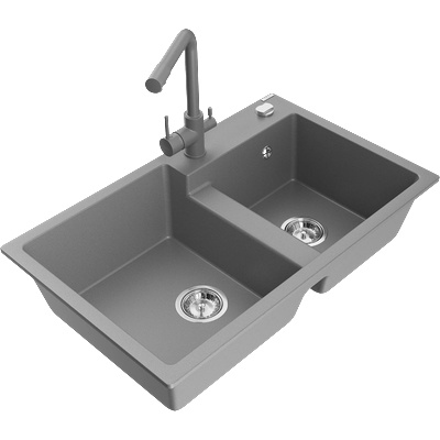 Mexen Tomas гранитна мивка с 2 отделения и кухненски смесител Duero, сив - 6516-71-671600-71 (6516-71-671600-71)
