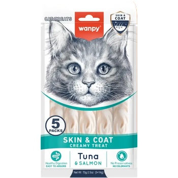 Wanpy Cat Skin&Coat кремообразно лакомство за котки с риба тон и сьомга, за лъскава козина, 5х14gr