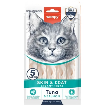 Wanpy Cat Skin&Coat кремообразно лакомство за котки с риба тон и сьомга, за лъскава козина, 5х14gr