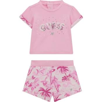 Guess Комплект къса тениска в бледо розово с пайети и къси панталони с палми за бебе момиче Guess