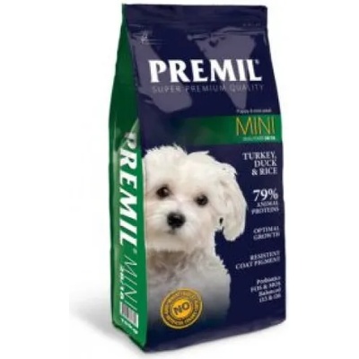 PREMIL Super Premium Mini - пълноценна храна за пораснали кучета от мини породи, не променя пигментацита на козината, с пуйка, патица и риба тон, 15 кг - Сърбия