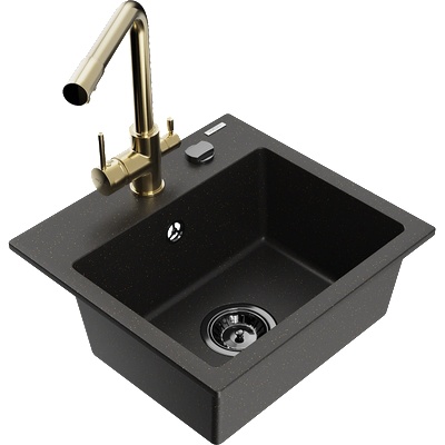 Mexen Milo гранитна кухненска мивка с 1 отделение и кухня батерия Duero, черен/златен металик - 6505-75-671600-50-B (6505-75-671600-50-B)