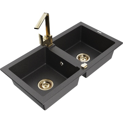 Mexen Mario гранитна мивка с 2 отделения с кухненски смесител Rita, черен на петна - 6504-76-670300-50 (6504-76-670300-50)
