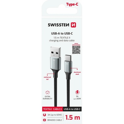 Swissten 71521309 Textile II USB / USB-C 1,5m černý