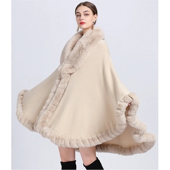 Image 1 of Дамско пончо в цвят лате с пухкава шал яка