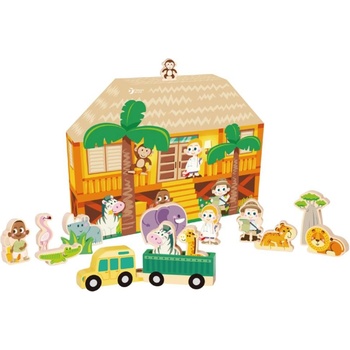 Teddies Safari ZOO dřevo + domeček 16 ks