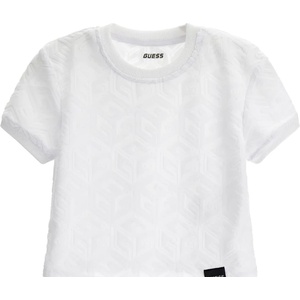 GUESS Къса тениска за момиче в бяло с релефни лога Guess