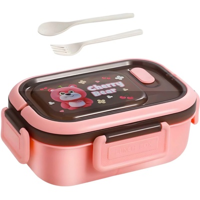 Lunchbox s priehradkami a príborom Ružová/Medvedík