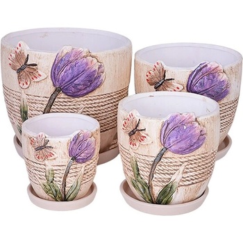 Елеганц Комплект от 4 керамични саксии Purple Parrot Tulip, Керамика, Ф18, Ф15, Ф12, Ф9 см, Многоцветен (23006)