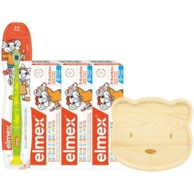 Elmex detský balíček 2 ks zubná pasta 50 ml zubná kefka 3-6 rokov + zubná pasta 12 ml + drevený tanierik