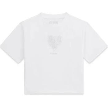 GUESS Къса бяла тениска за момиче със сърце от кристали Guess