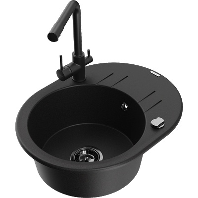 Mexen Kevin гранитна кухненска мивка с 1 отделение с отцеждач и кухненски смесител Duero, черен - 6517-77-671600-70-B (6517-77-671600-70-B)